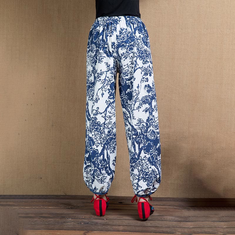 Mythstone Blue Tree Flowers Print Harem Pants With Pockets