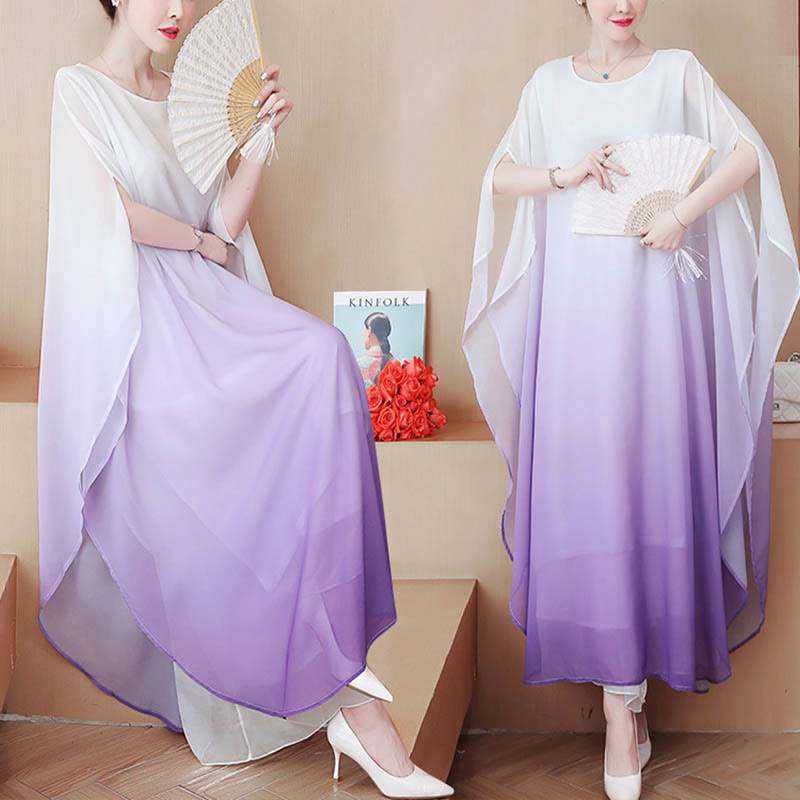 Mythstone Gradient Color Half Sleeve Chiffon Midi Dress Meditation Zen Practice