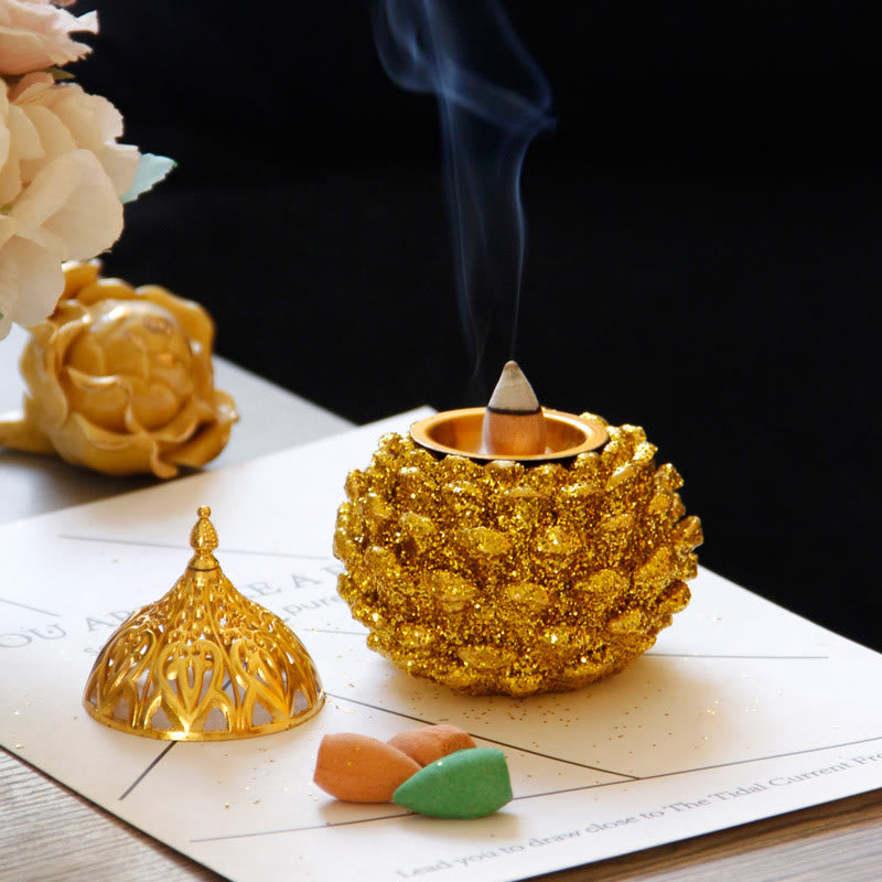 Mythstone Gold Pine Cone Pattern Spiritual Rituals Mini Incense Burner Home Tabletop Decor