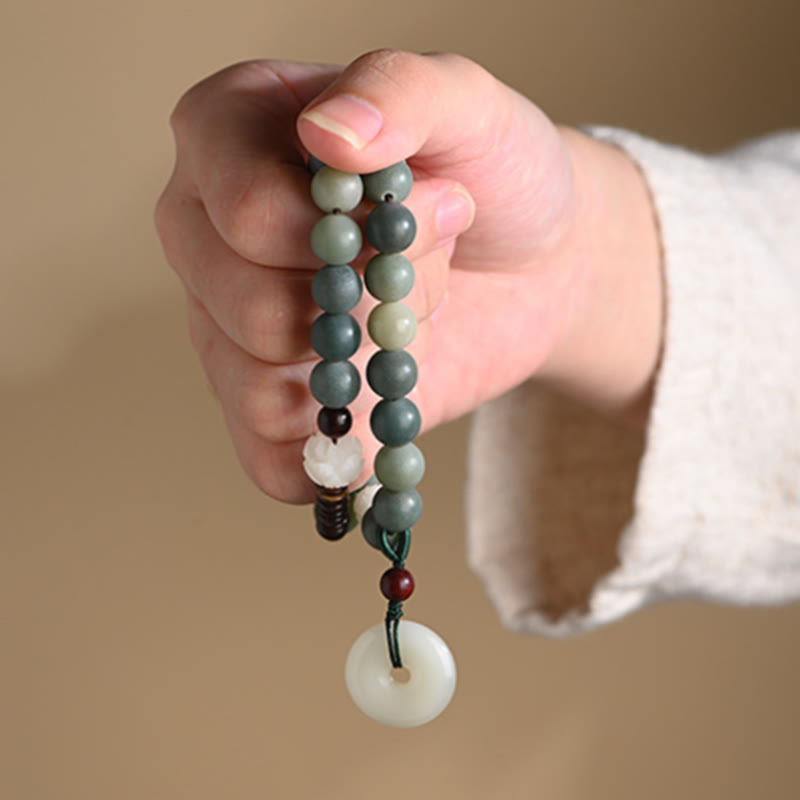 Pulsera de doble vuelta con hebilla de paz y sabiduría, semilla de bodhi, loto y jade cian