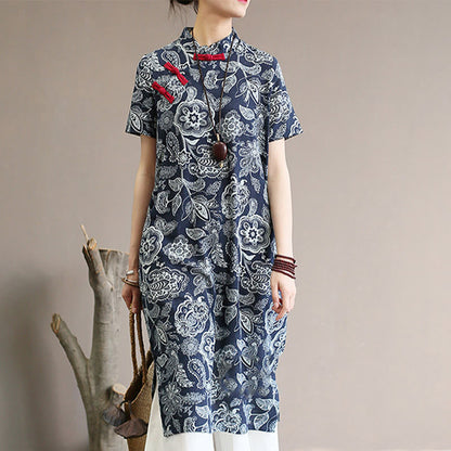 Mythstone Blue White Flower Frog-button Cheongsam Dresses Short Sleeve Linen Dresses With Pockets