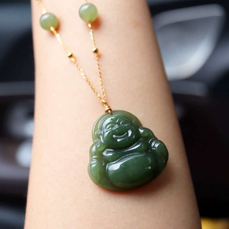 Mythstone Laughing Buddha Hetian Jade Luck Necklace Bead Chain Pendant