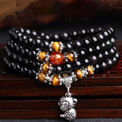 Chinese Zodiac 108 Beads Black obsidian Tiger Eye Fortune Mala Bracelet