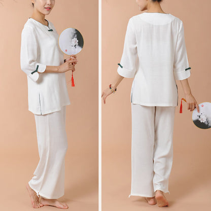 Mythstone 2Pcs Frog-Button Three Quarter Sleeve Shirt Top Pants Meditation Zen Tai Chi Linen Clothing Women's Set