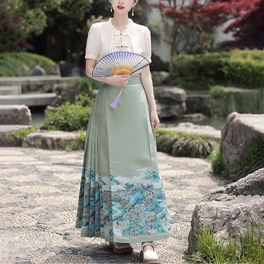 Mythstone Green Rivers Mountains Printed Chinese Hanfu Horse Face Skirt Mamianqun