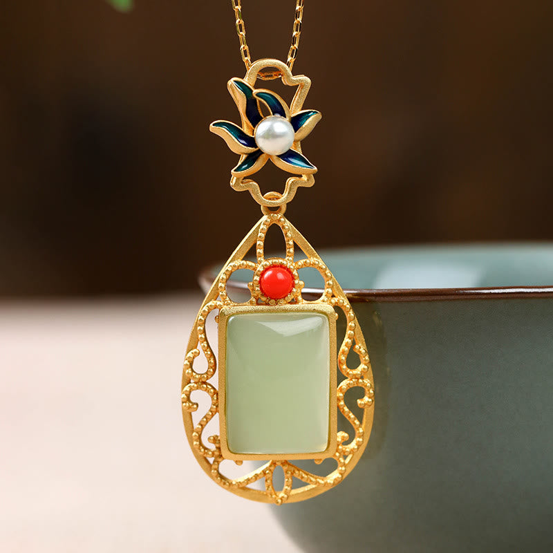 Mythstone Vintage Flower Jade Plated Gold Prosperity Necklace Pendant