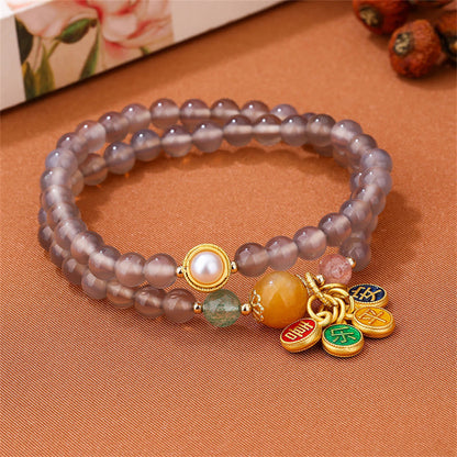 Mythstone Natural Gray Agate Peace And Joy Charm Balance Double Wrap Bracelet