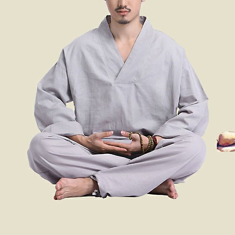 Mythstone Meditation Prayer V-neck Design Cotton Linen Spiritual Zen Practice Yoga Clothing Men's Set