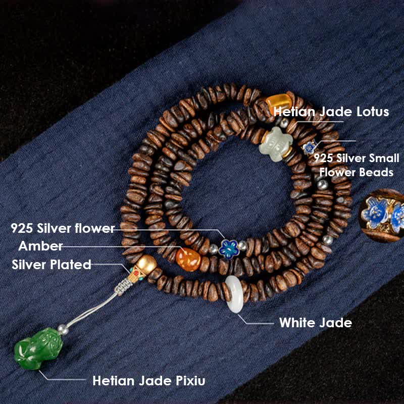 Mythstone 108 Mala Beads 925 Sterling Silver Brunei Agarwood Red Agate PiXiu Hetian Jade Peace Strength Bracelet