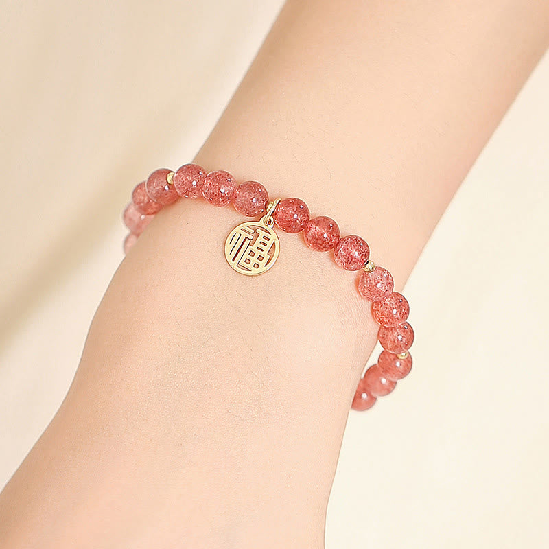 Mythstone 14K Gold Plated Strawberry Quartz Fu Character Healing Charm Bracelet