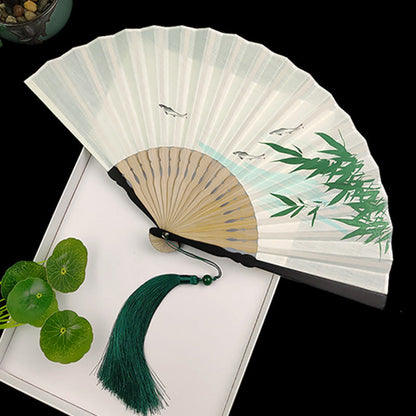 Mythstone Bamboo Koi Fish Crane Handheld Cotton Linen Folding Fan