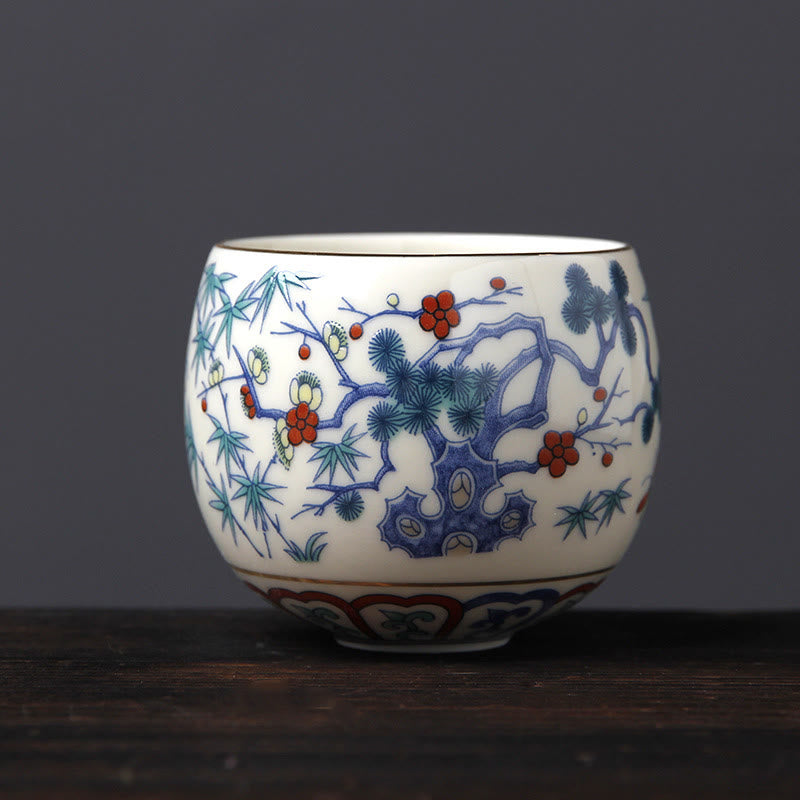 Mythstone Vintage Plum Blossom Pine Bamboo Phoenix Kirin Lion Dancing Ceramic Teacup Tea Cups