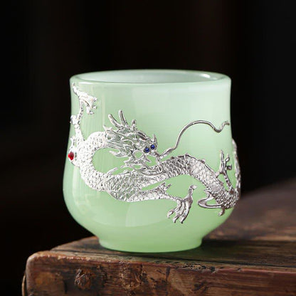 Mythstone Lotus Dragon Phoenix Flower Ceramic Teacup Tea Cups