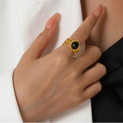 Mythstone 18K Gold Plated Black Obsidian Titanium Steel Strength Ring