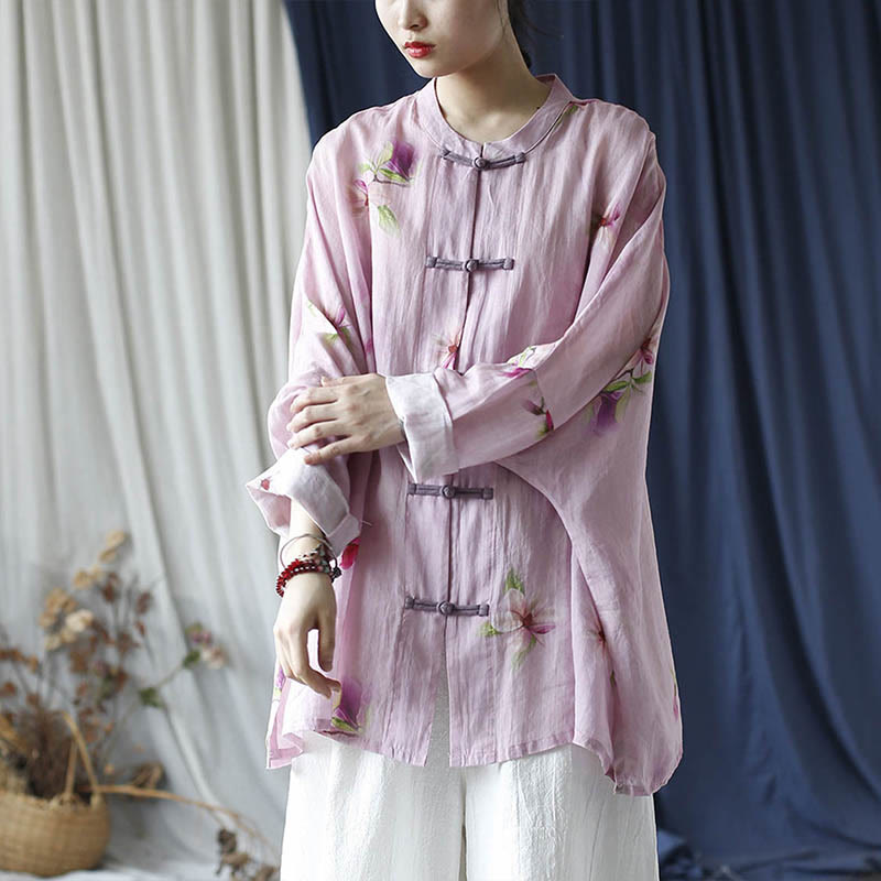 Mythstone Pink Flower Print Frog-button Design Batwing Long Sleeve Ramie Linen Jacket Shirt