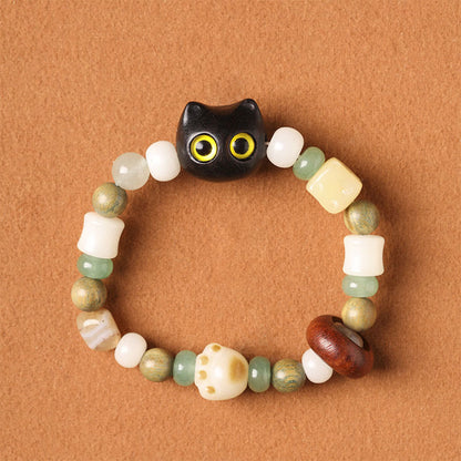 Pulsera de la paz con garra y cabeza de gato y hoja pequeña de sándalo rojo y madera de ébano con semilla de Bodhi y piedra mitológica