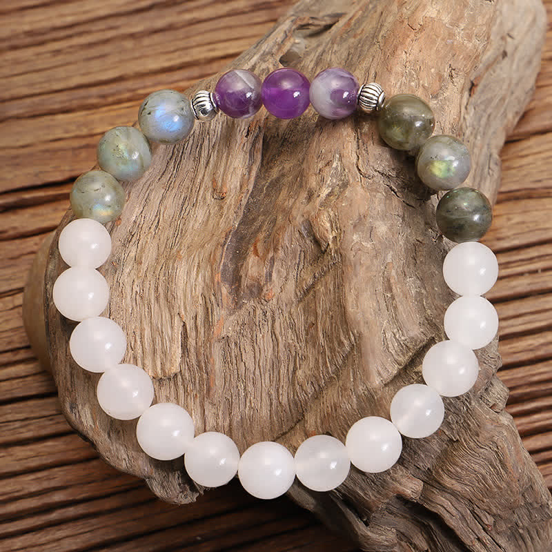 Mythstone 108 Mala Beads White Agate Amethyst Black Glitter Stone Protection Bracelet