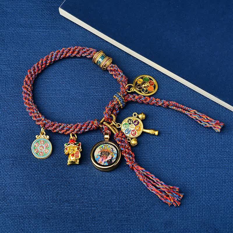 Pulsera trenzada de hilo de la suerte Thangka de la diosa de la riqueza Zakiram de Tara verde tibetana Mythstone 