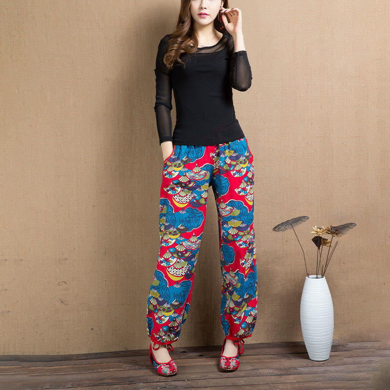 Mythstone Fan Cashew Flower Pattern Cotton Linen Harem Pants With Pockets