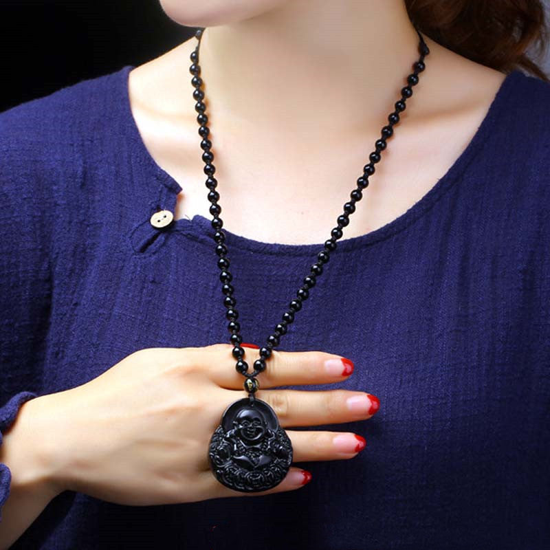 Collar con colgante de protección y fuerza de obsidiana negra con Buda sonriente de piedra mitológica 