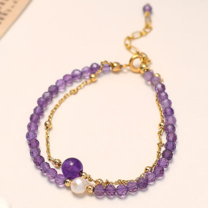 Mythstone 14K Gold Plated Amethyst Crystal Healing Double Layer Chain Bracelet