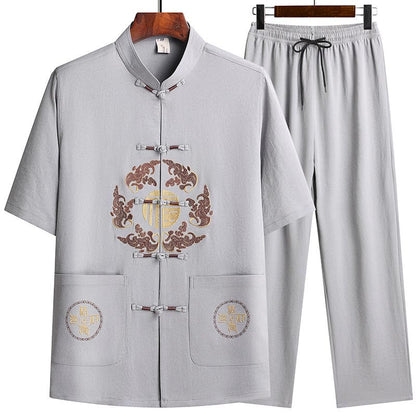 Mythstone Fu Character Tang Suit Hanfu Traditional Uniform Short Sleeve Top Pants Clothing Men's Set