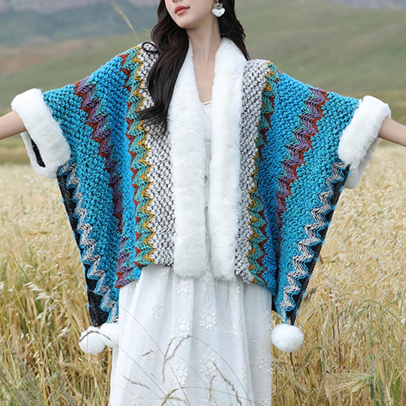 Mythstone Tibetan Multicolored Wavy Lines Knitted Striped Shawl Coat Winter Cozy Travel Scarf Wrap