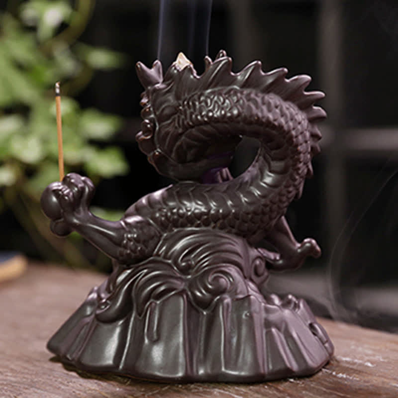 Mythstone Auspicious Dragon Ceramic Backflow Smoke Fountain Meditation Healing Incense Burner Led Ball Decoration