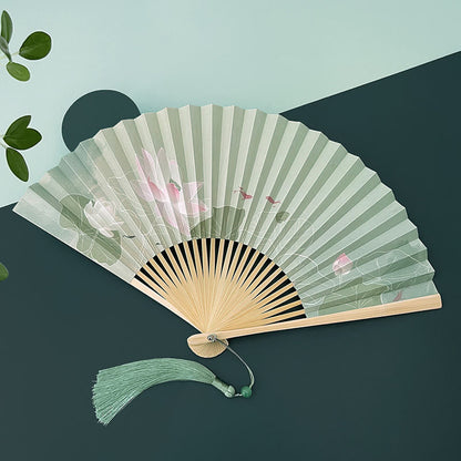 Mythstone Lotus Flowers Leaf Koi Fish Handheld Paper Bamboo Folding Fan