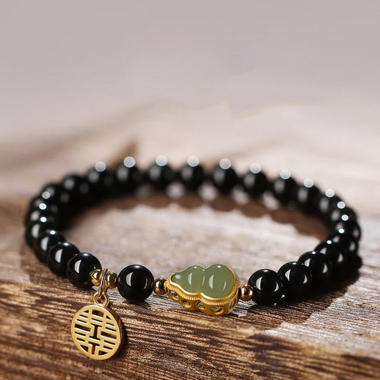 MythStone Natural Black Obsidian Hetian Jade Gourd Double Happiness Strength Bracelet