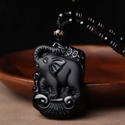 Black Obsidian Elephant Protection String Necklace Pendant Key Chain