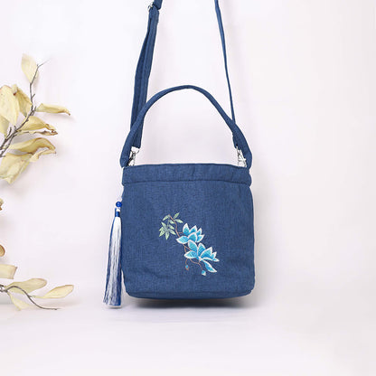 Mythstone Embroidery Wisteria Plum Lotus Cherry Blossom Cotton Linen Canvas Tote Crossbody Bag Shoulder Bag Handbag