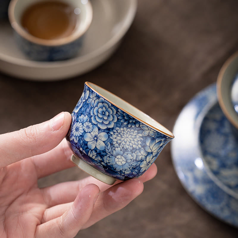 Mythstone Vintage Lotus Peony Plum Blossom Chrysanthemum Ceramic Teacup Tea Cups