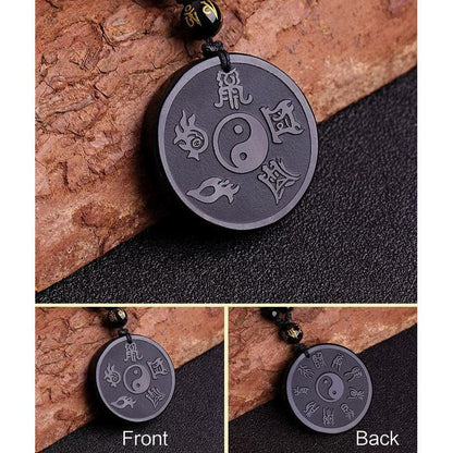 Mythstone Natural Black Obsidian Taoism Five Sacred Mountains Nine-Character Mantra Carved Strength Yin Yang Necklace Pendant Key Chain