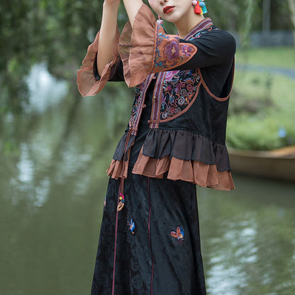 Chaleco sin mangas con diseño de traje estilo Tang con flores rojas bordadas estilo vintage de Mythstone