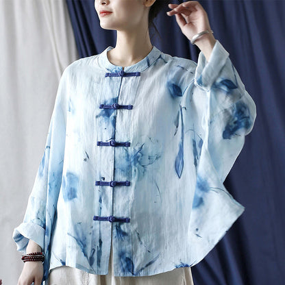 Mythstone Tie Dye Blue Flowers Frog-Button Design Long Sleeve Ramie Linen Jacket Shirt