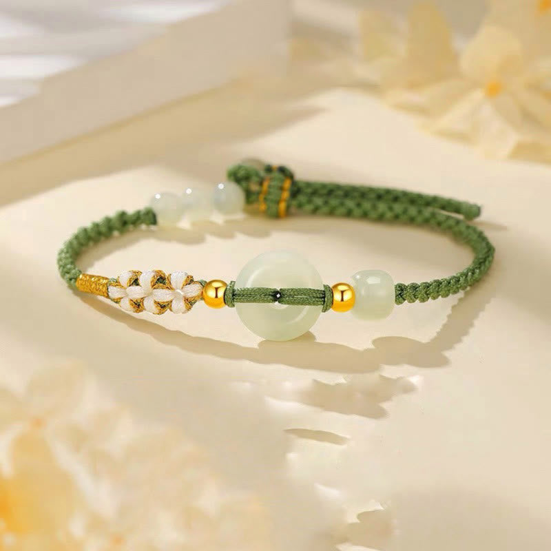 Mythstone Hetian Jade Peace Buckle Luck Peach Blossom Braided Bracelet