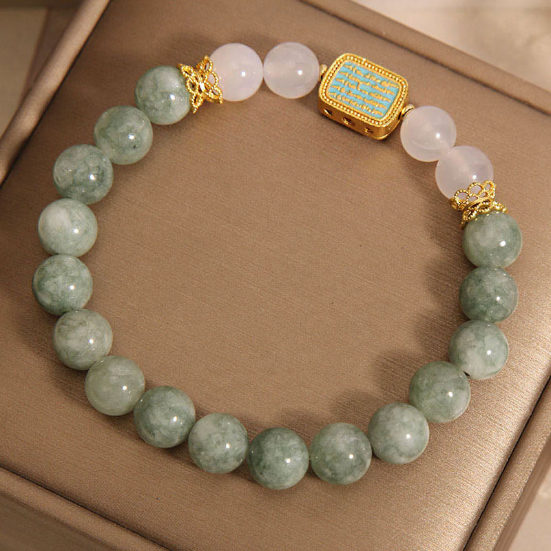 Pulsera de la abundancia de las cinco escrituras con jade verde natural y ágata blanca Mythstone 