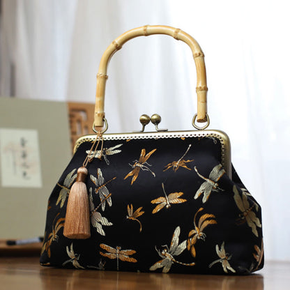 Mythstone Dragonfly Crane Bamboo Leaves Plum Blossom Bamboo Handles Handbag