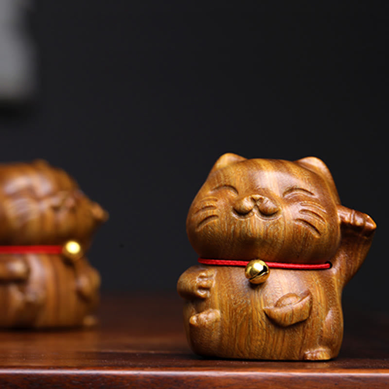 Mythstone Green Sandalwood Small Mini Cute Lucky Cat Peace Decorations