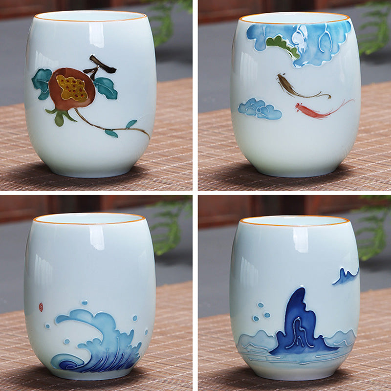 Mythstone Koi Fish Lotus Landscape Dandelion Peony Flower Ceramic Teacup Kung Fu Tea Cup