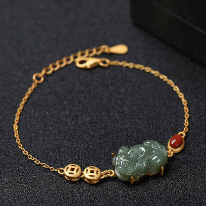 Pulsera de cadena de éxito con moneda de cobre, ágata roja y jade cian de Mythstone PiXiu