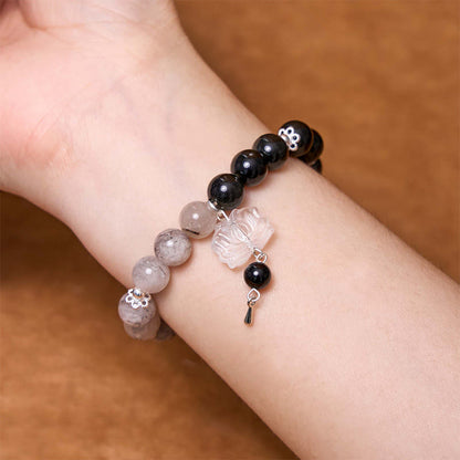 Mythstone Silver Sheen Obsidian Crackle Clear Quartz Black Rutilated Quartz Yin Yang Lotus Protection Bracelet