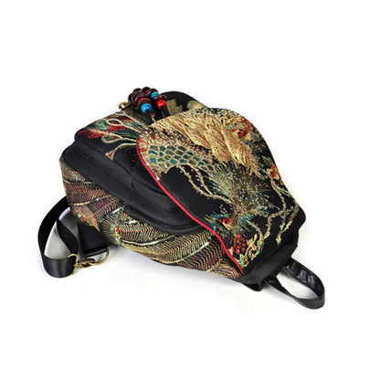 Mythstone Peacock Embroidery Canvas Tassel Backpack