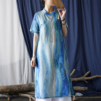 Mythstone Ramie Blue Digital Printing Cheongsam Dresses Short Sleeve Linen Dress