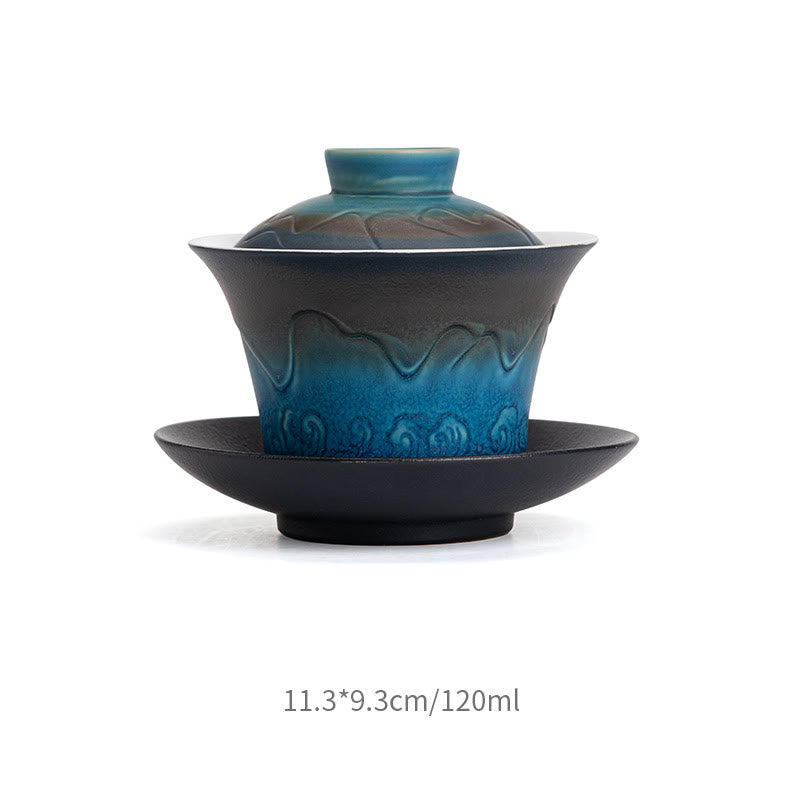 Mythstone Retro Blue Ocean Sea Waves Gradient Ceramic Gaiwan Sancai Teacup Kung Fu Tea Cup And Saucer With Lid