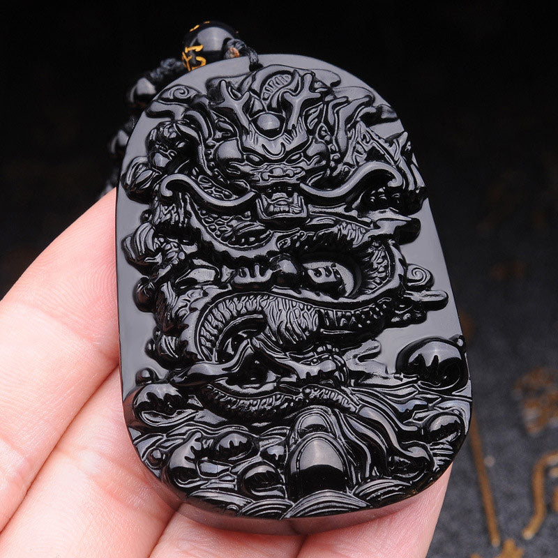 Mythstone Black Obsidian Stone Dragon Fulfilment Pendant Necklace