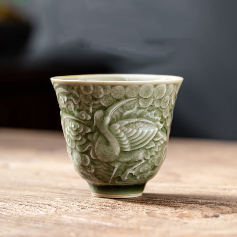 Mythstone Crane Pine Ceramic Teacup Kung Fu Tea Cup 80ml