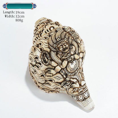 Mythstone Tibetan Handmade Engraved Shankha Buddha Avalokitesvara Conch Shell Wealth Decoration