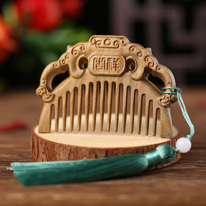 Mythstone Green Sandalwood Fox Peony Flower Lotus Engraved Cure Tassel Comb